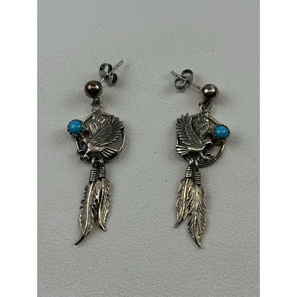 Southwest Style Sterling Silver Pierced Earrings Turquoise Feathers Eagle